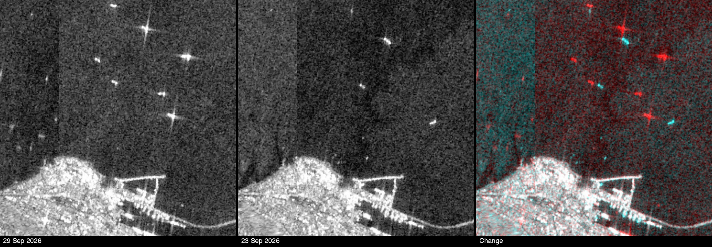 Haifa anchorage — Sentinel-1 VV on 29 Sep and 23 Sep 2026; change view: red = present only on 29 Sep, cyan = present only on 23 Sep