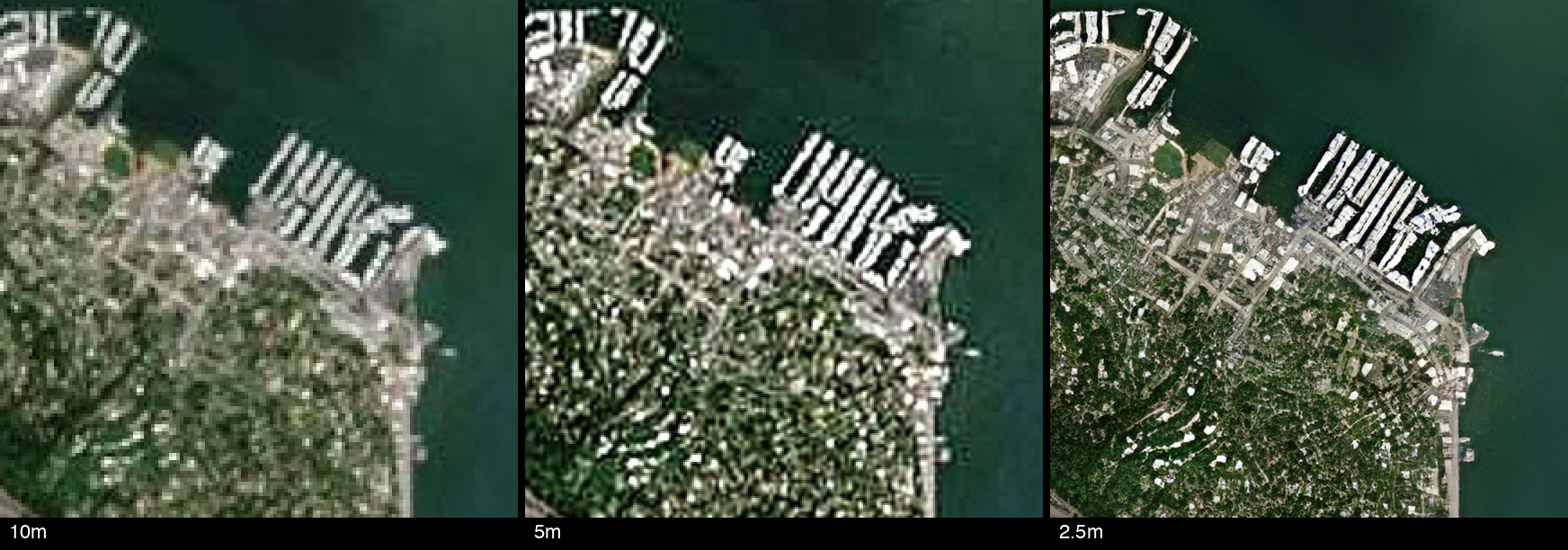 Sausalito — same area at 10m / 5m / 2.5m