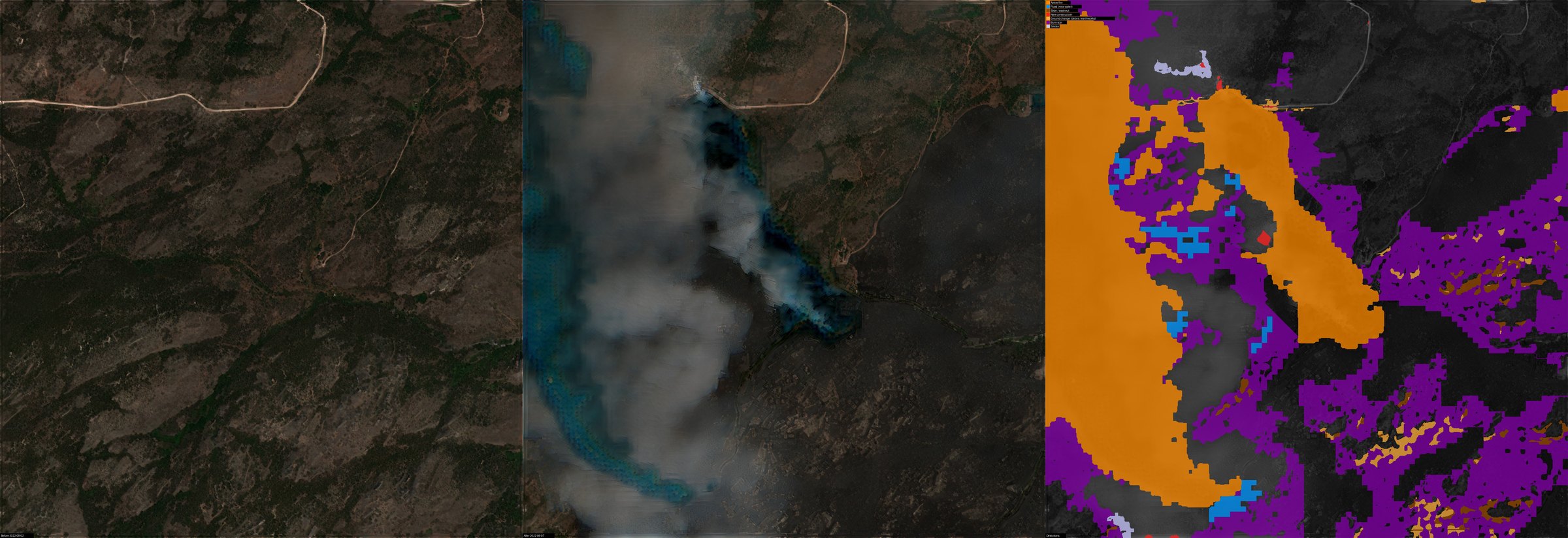 Active wildfire front — Serra da Estrela, Portugal, 2022-08-02 to 2022-08-07 (before, after, detections: Active fire, Burn scar)