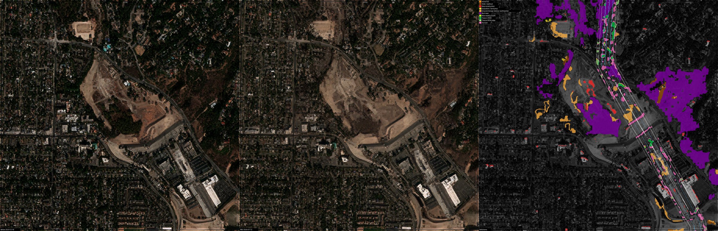Burn scar scorched chaparral — Eaton Canyon, California, USA, 2024-12-18 to 2025-01-12 (before, after, detections: Burn scar)