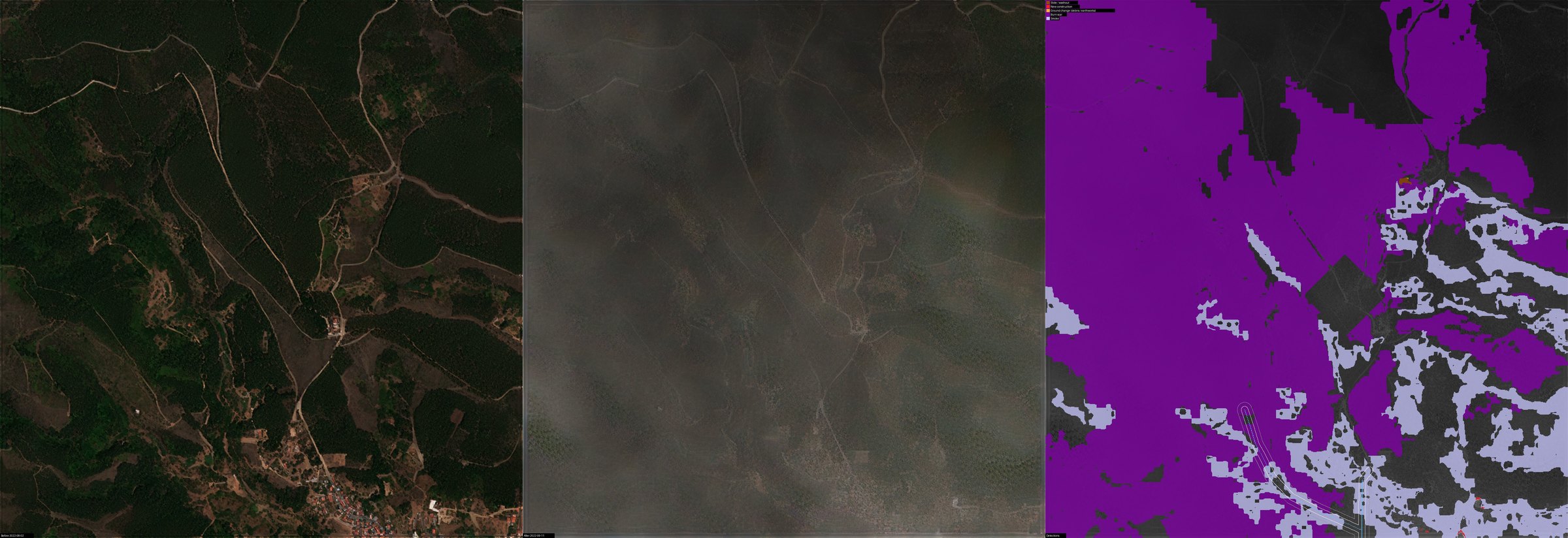 Burn scar — Serra da Estrela, Portugal, 2022-08-02 to 2022-09-11 (before, after, detections: Burn scar)