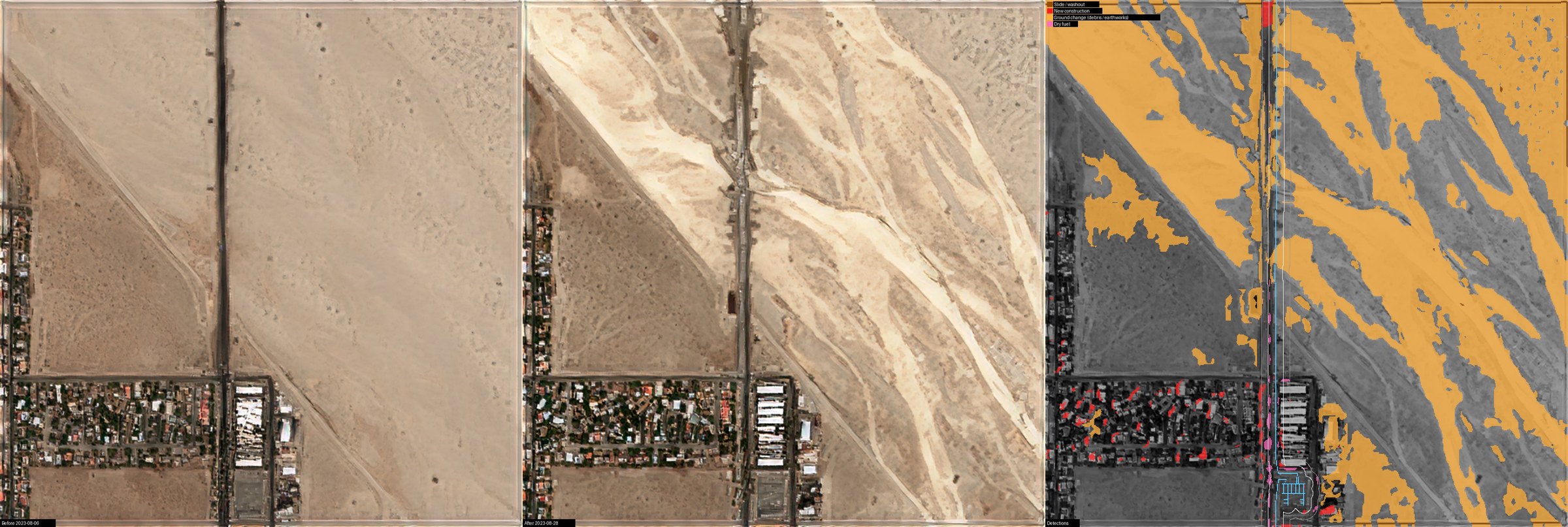 Debris flow across road and power line — Palm Springs area, California, USA, 2023-08-06 to 2023-08-28 (before, after, detections: Ground change (debris / earthworks), Slide / washout)