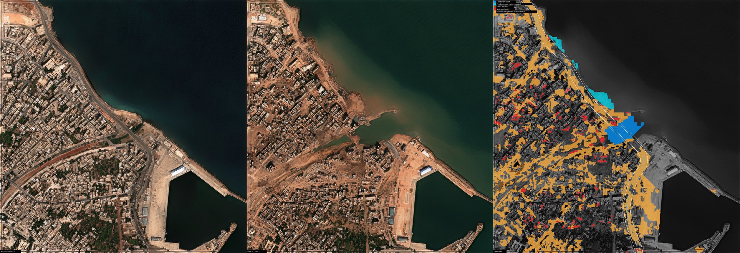 Flash flood scour and mud — Derna, Libya, 2023-09-07 to 2023-10-17 (before, after, detections: Ground change (debris / earthworks), Flood (new water))