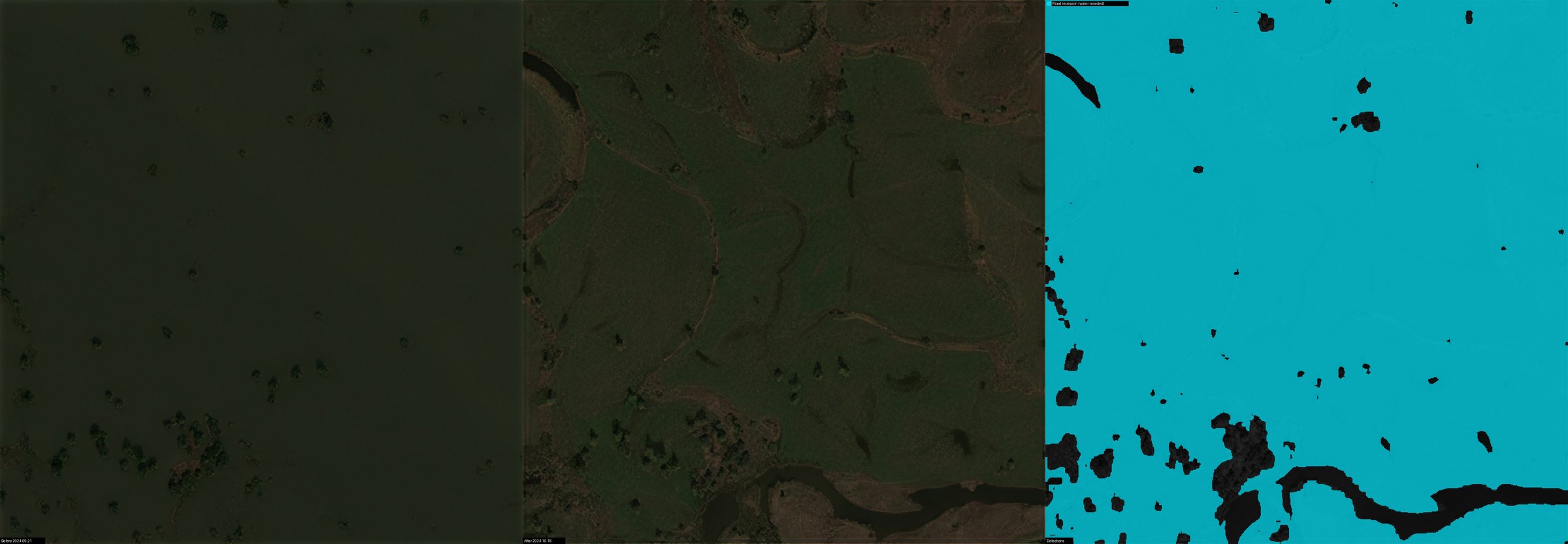 Flood recession — Danube floodplain near Bratislava, Slovakia, 2024-09-21 to 2024-10-18 (before, after, detections: Flood recession (water receded))