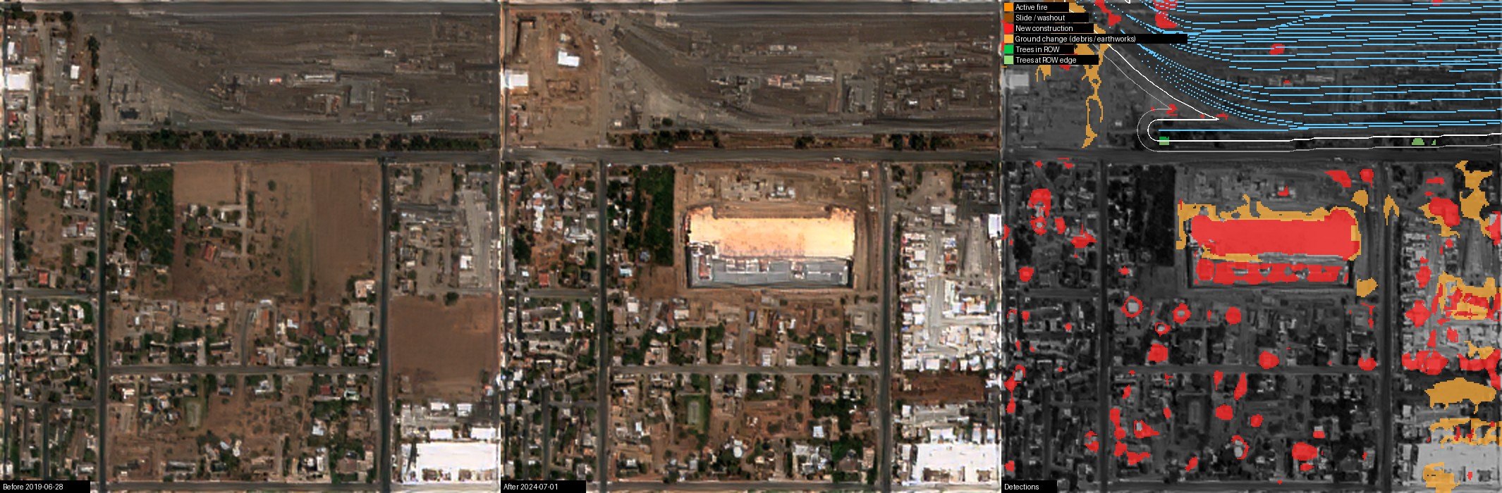 New warehouse construction — Inland Empire, California, USA, 2019-06-28 to 2024-07-01 (before, after, detections: New construction)