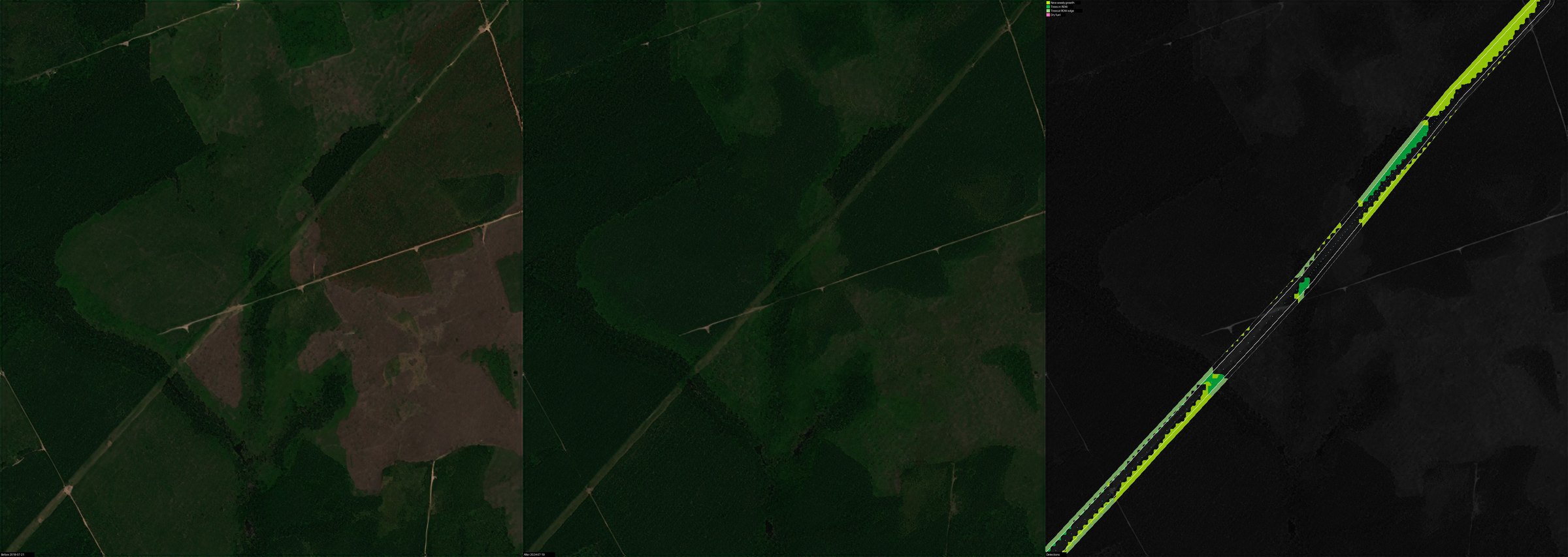 New woody growth along 230kV line — New Brunswick, Canada, 2018-07-21 to 2024-07-19 (before, after, detections: New woody growth, Trees at ROW edge, Trees in ROW)