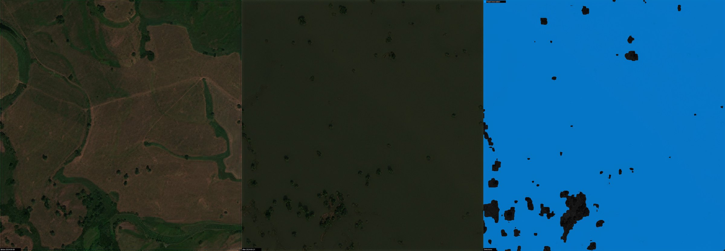 River flood extent — Danube floodplain near Bratislava, Slovakia, 2024-09-08 to 2024-09-21 (before, after, detections: Flood (new water))