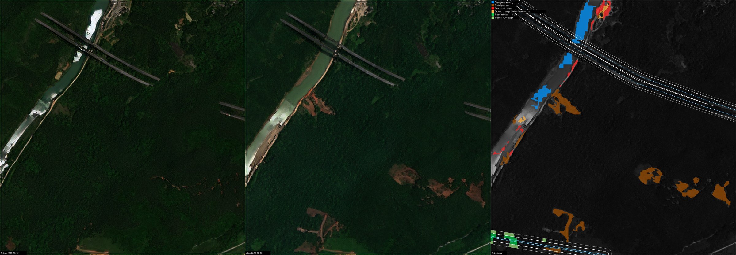 Rockslide scars on forested slopes — Guizhou, China, 2025-05-12 to 2025-07-26 (before, after, detections: Slide / washout)