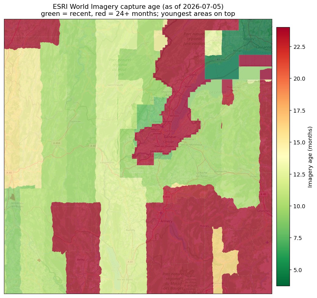 ESRI World Imagery capture age — green recent, red 24+ months