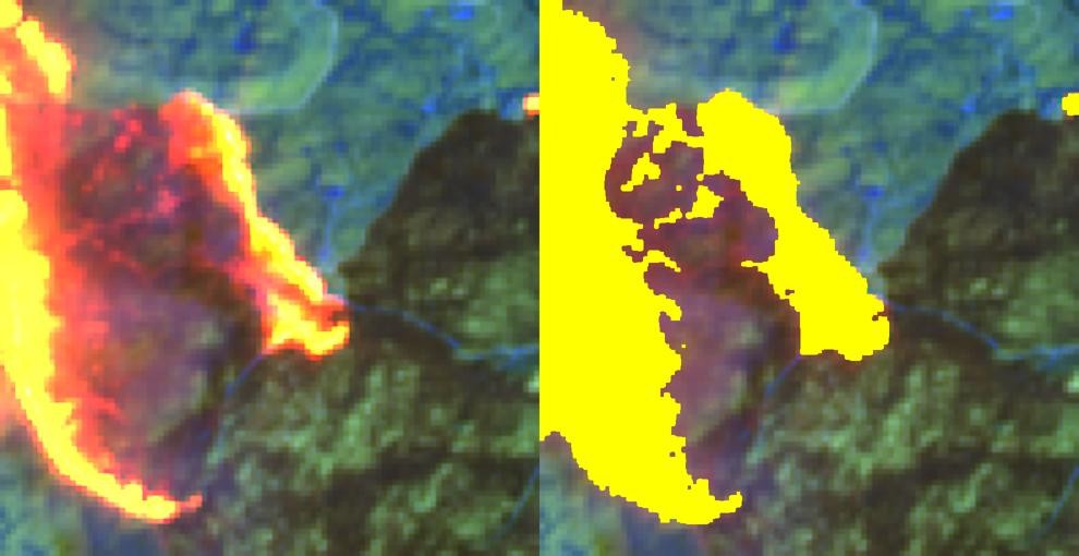 SWIR sees through the smoke: flame front and detected active fire — 7 Aug 2022